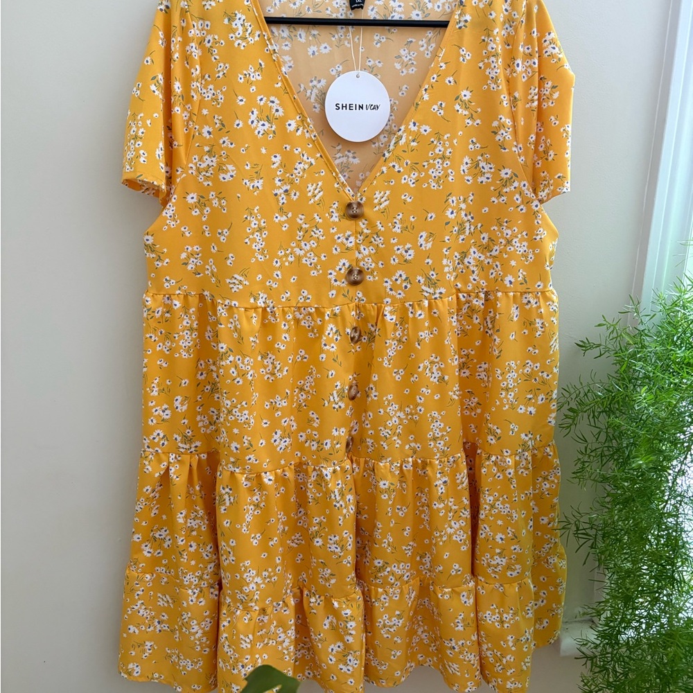 SHEIN Mustard Floral V-Neck Dress